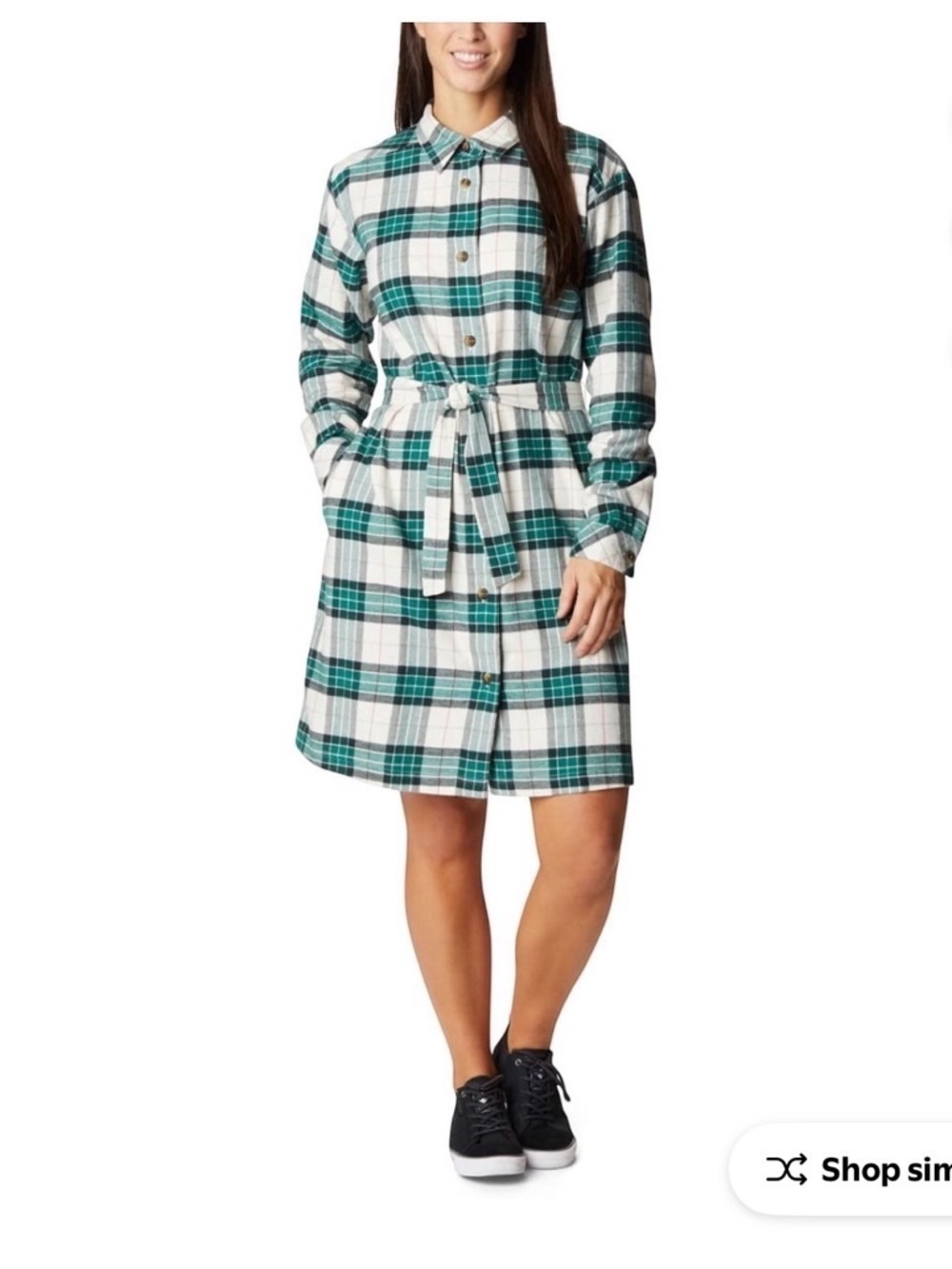 Columbia Green and White Plaid Long Sleeve Shirt Dress with Tie